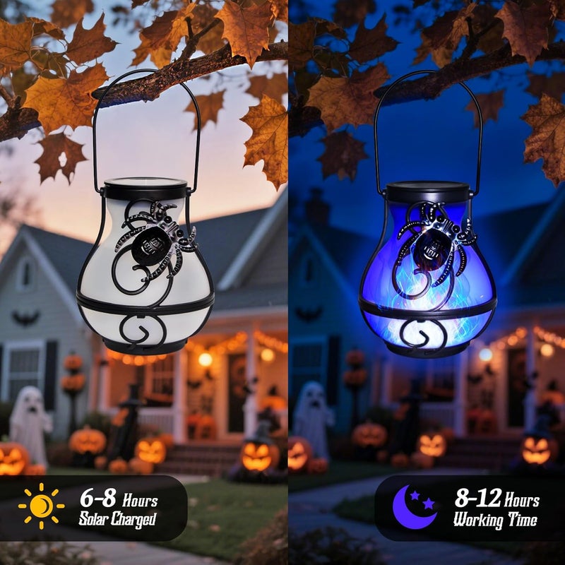 X-PREK 2 Pack Halloween Lights Outdoor Spider Hanging Solar Lantern Flickering Flame Lights Garden Patio Porch Halloween Party Decoration - Image 4